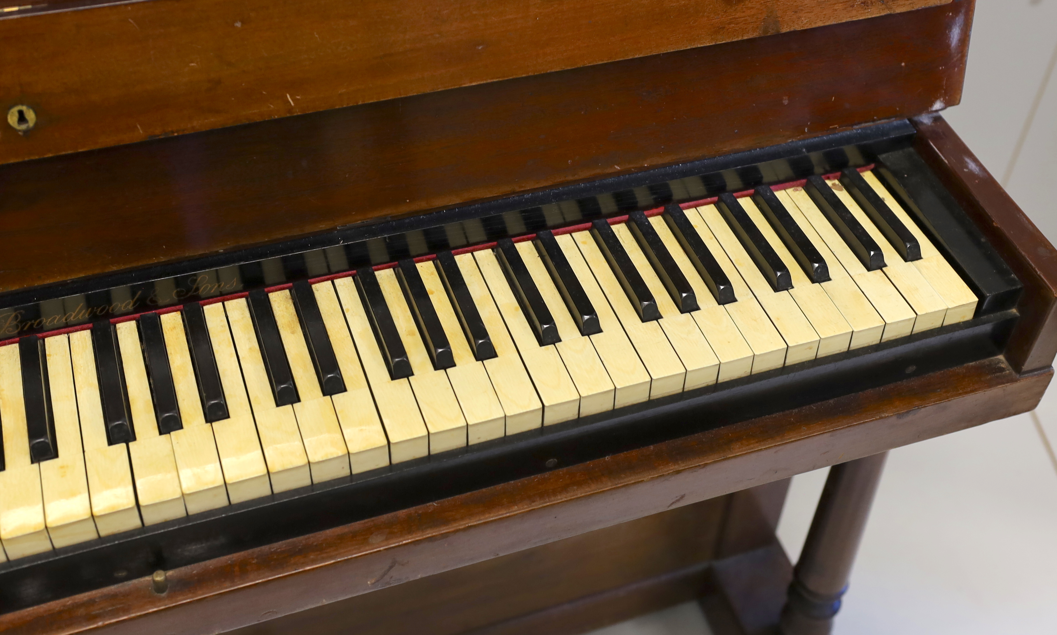 A John Broadwood & Sons upright piano, formerly the property of Sir Arthur Sullivan, a mahogany pianette model no.22 with 82 keys built in 1867